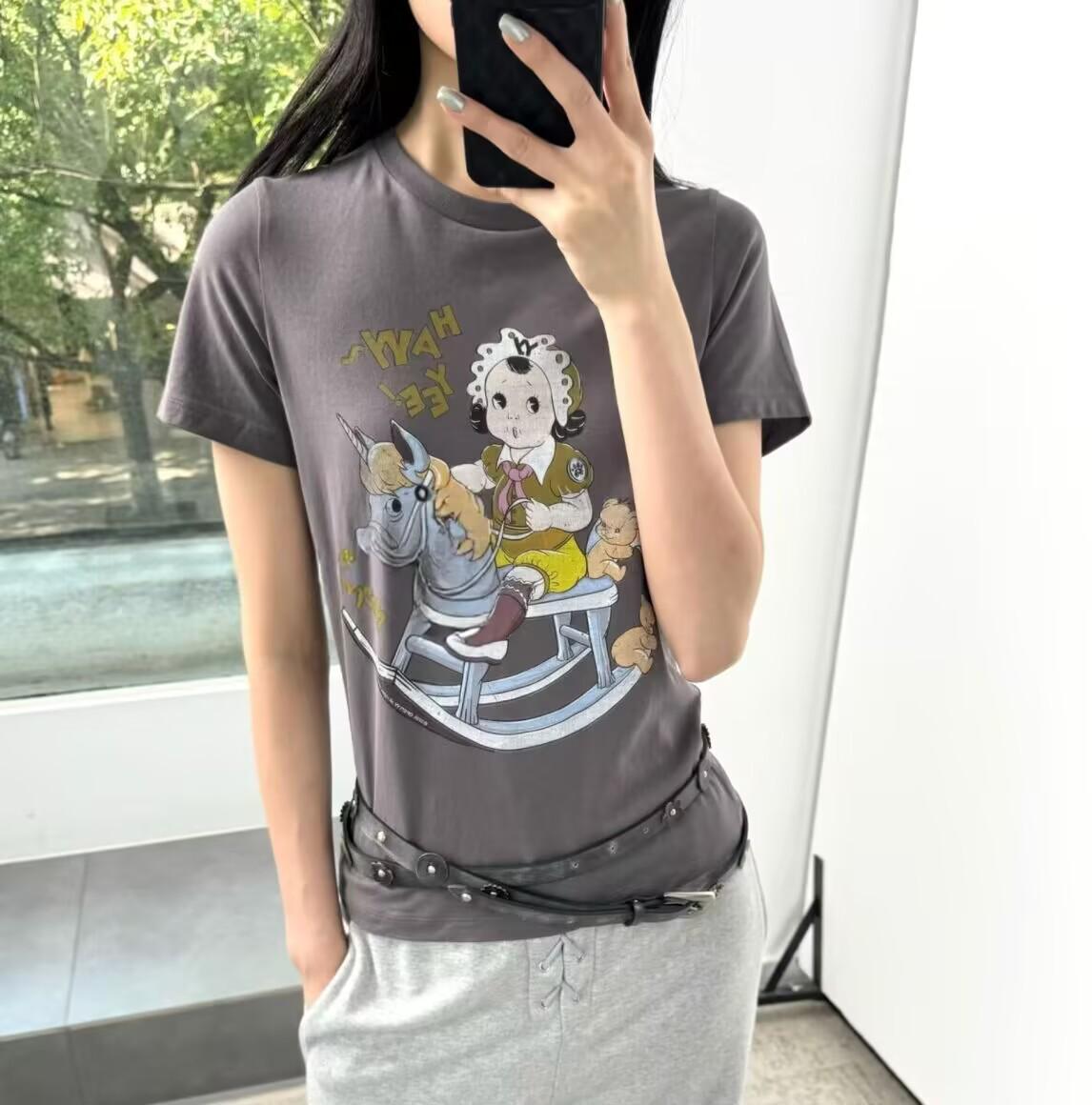 2026 Early Spring Cartoon Pony Print Round Neck Slim Fit T-Shirt Large серый