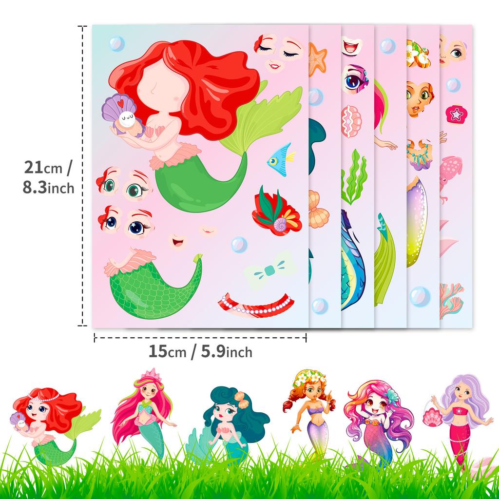 6 Packs Mermaid Face-Changing Stickers Mermaid Princess Cartoon Parent-Child Interaction Puzzle Hand Account Diy Puzzle Sticker