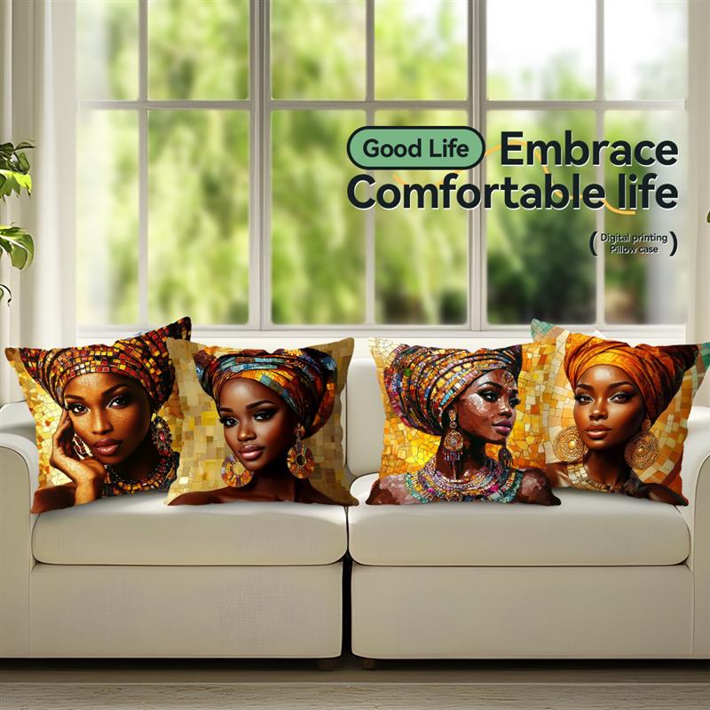 Traditional African Women Cushions Pillowcase Printed Polyester 45X45Cm Throw Pillow Cover Decorative Sofa Cushions Pillowslip