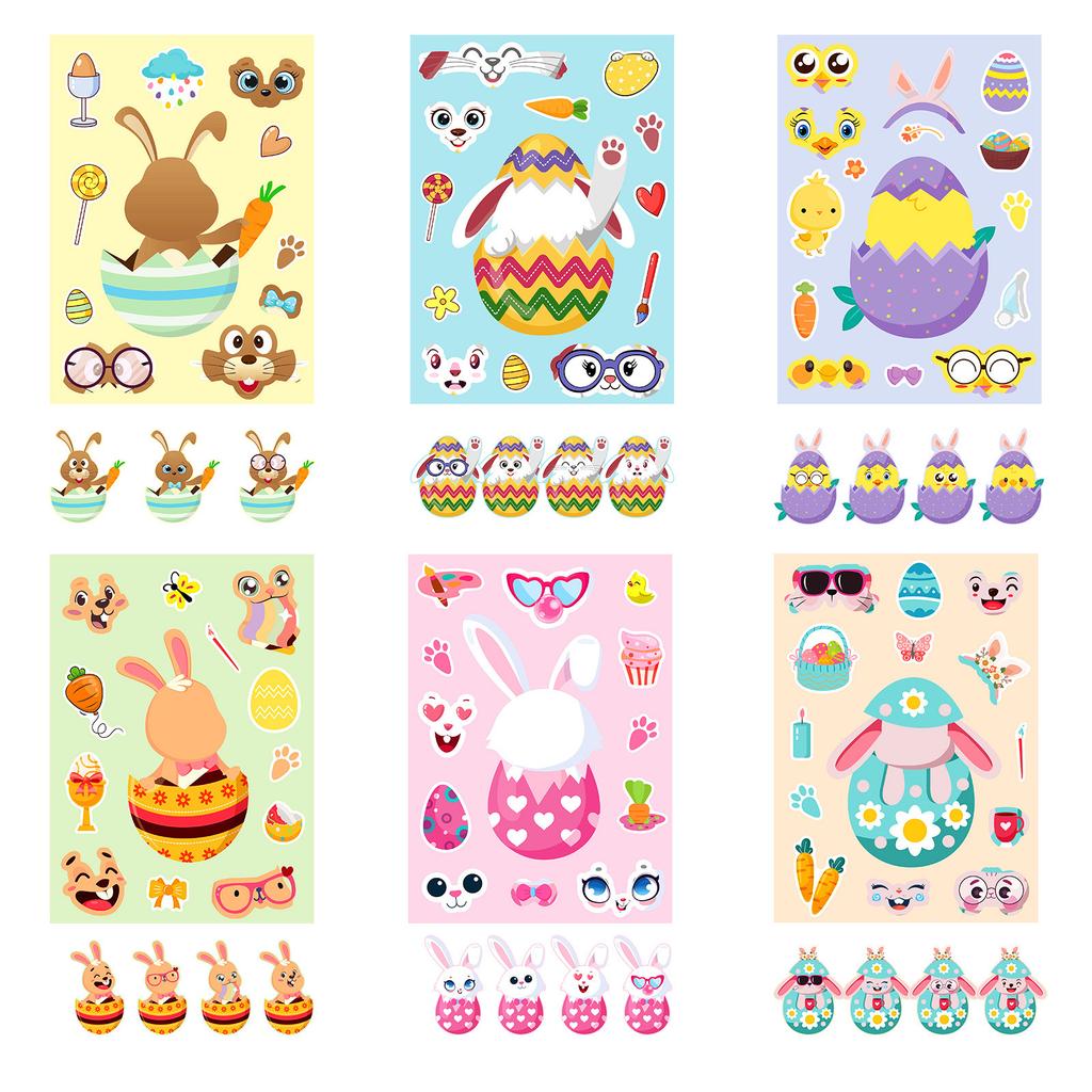 6 Photos/pack of Rabbit Eggs Easter Children's DIY Face-changing Stickers Cute Puzzle Stickers