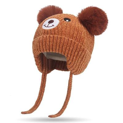 Winter Niedlicher Bär Warme Ohrenbedeckende Fleecegefütterte Strickmütze Koreanischer Stil Babymütze mit Bommel