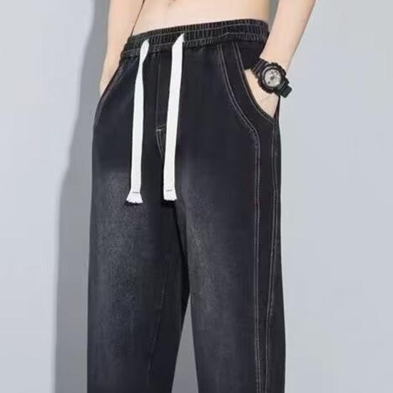 Calça jeans masculina de verão, cintura elástica, cordão ajustável, calça jeans com bolsos, cor sólida, perna larga, calça casual