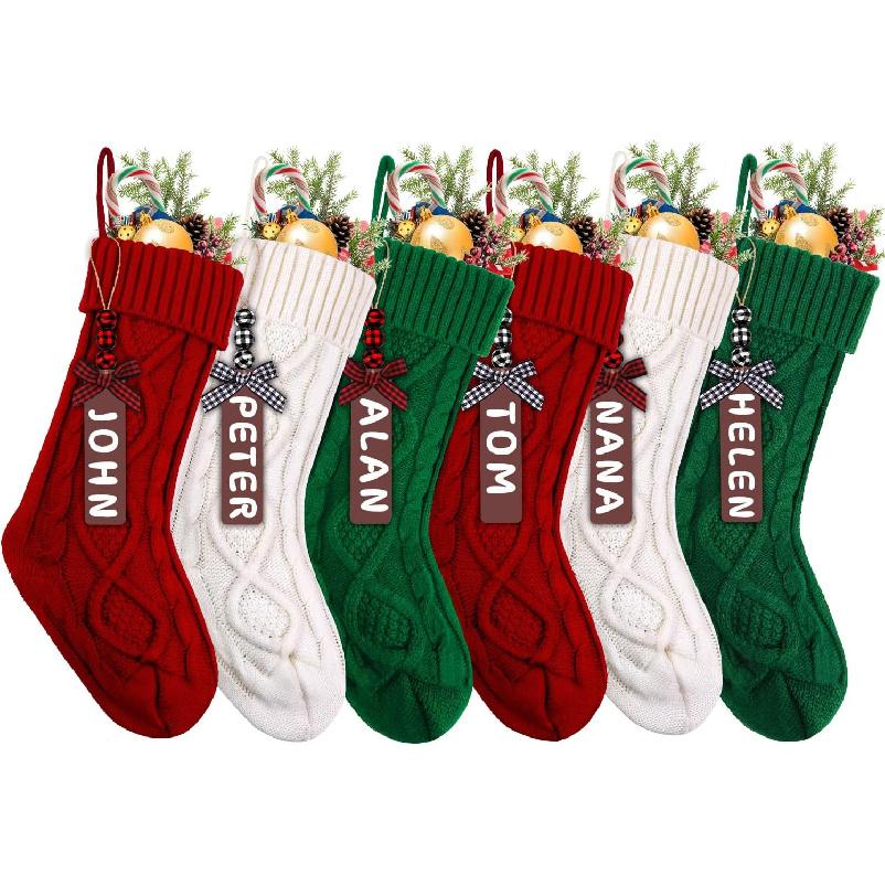 XIMISHOP 6PACK Christmas Stockings,18Inches Large Cable Knitted Stocking Personalized Xmas Hanging Stocking Decorations with Name Tags for Holiday