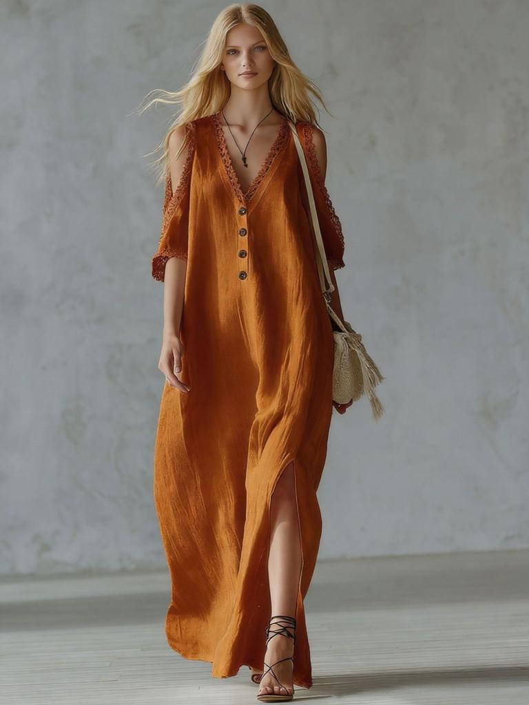 Nouvelle Robe Casual Femme à Bordure en Dentelle Épaules Dégagées Jupe Longue