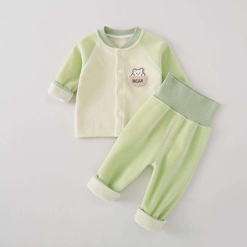Baby Fleece Cardigan & High-Waist Belly Protection Two-Piece Winter Set