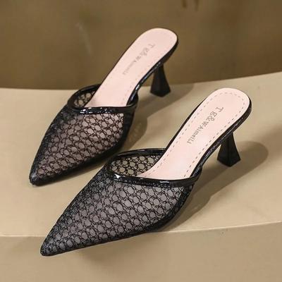 Mesh Slippers Women  Summer Shoes Women Fashion Knitted Elastic Pointed Heels Sliver Mules Shoes High Heels