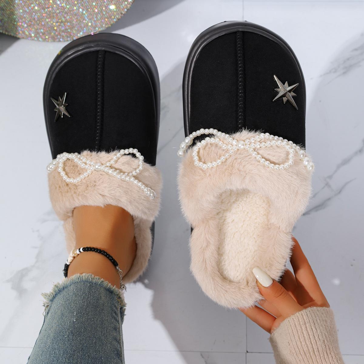 

Fashion Fashion Perals Bowknot Fluffy Slippers Women 2025 Warm Faux Fur Platform Slides Woman Outdoor Comfort Non Slip Cotton Slippers 38-39 чёрный