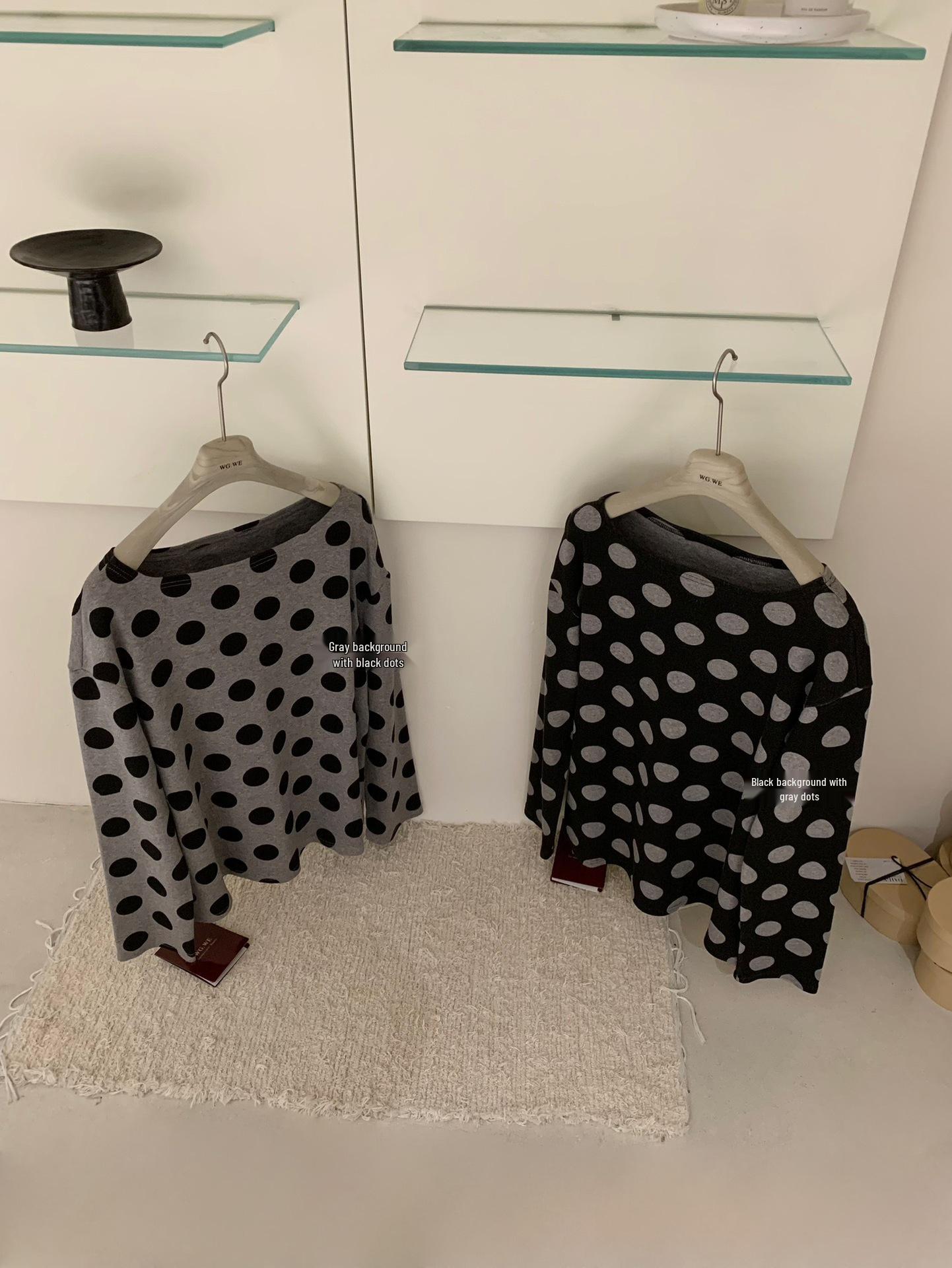 Guangzhou Thirteen Hong Women s Polka Dot Asymmetric Neckline Off-Shoulder Long Sleeve Top - Autumn/Winter Collection Black with Gray Dots