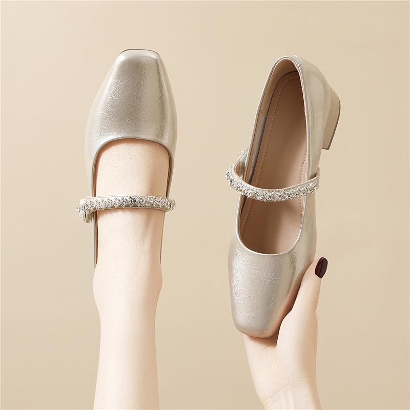 Rhinestone thick heel Mary Jane shoes women's autumn new with skirt temperament square head low heel light mouth single shoes