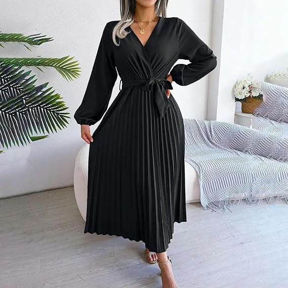 Women's Maxi Dress V-Neck Long Sleeve Cross Pleated Long Dress