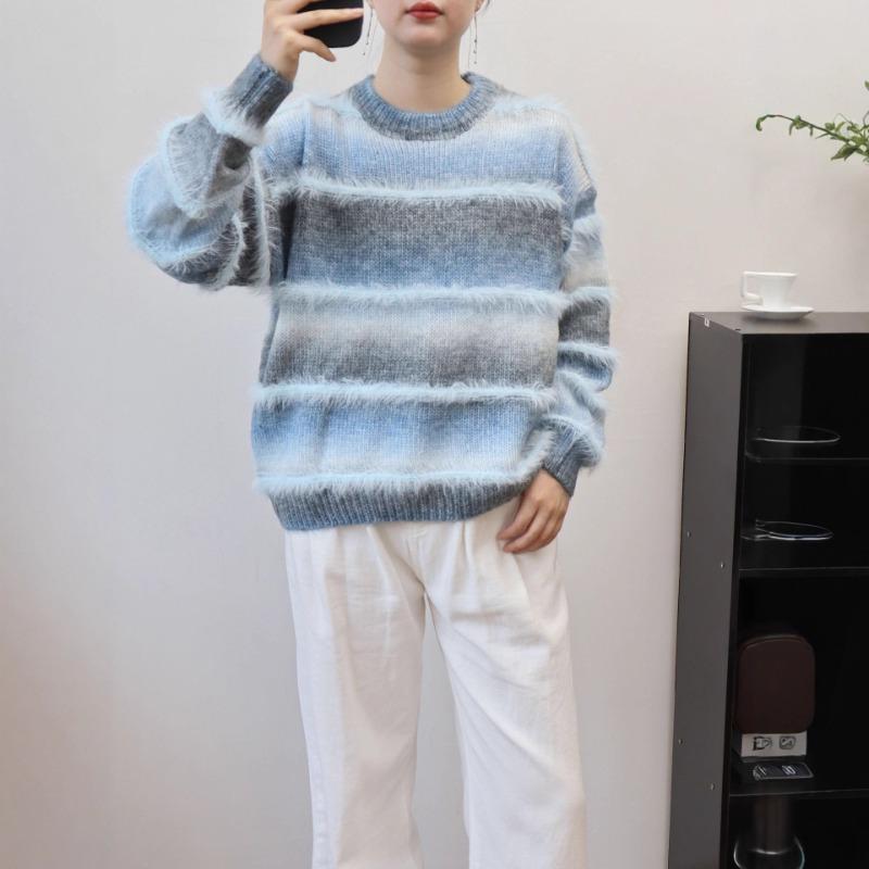 Gradual Change Color Splicing Imitation Mink Velvet Knitted Sweater Top Autumn and Winter New Loose Gentle Wind Sweater Pullover Women
