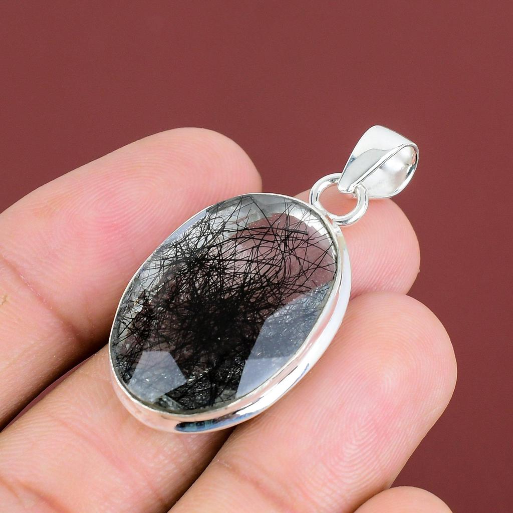 Faceted Black Rutile Pendant Gemstone Jewelry Dainty Pendant 925 Sterling Silver Pendant Handmade Jewelry Birthstone Pendant Gifts For Women