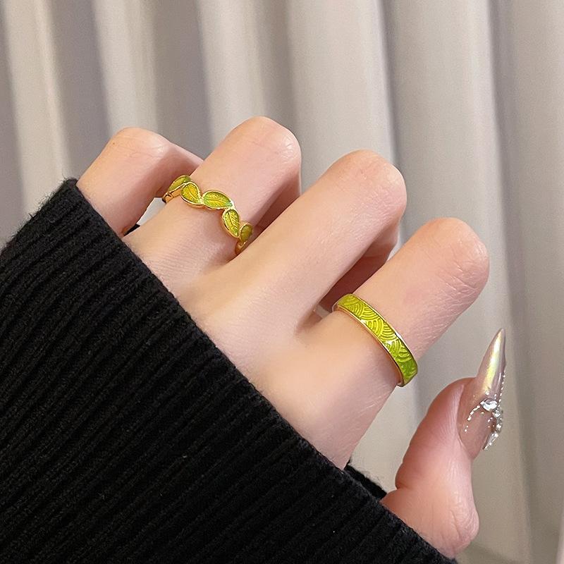 Golden Branch Jade Leaf Enamel Gold Open Ring Women'S Personality Fashion High Sense Stripe Niche Design Ring