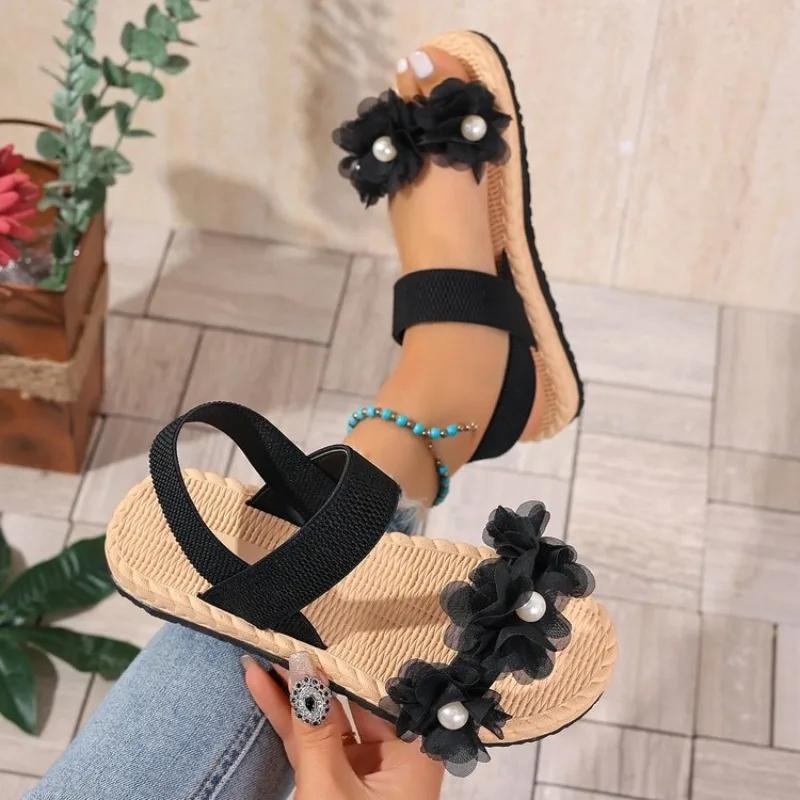 Women's Summer Flat Sandals 2025 Black Round Open Toe Elastic Band Shoes Floral Comfortable Women's Beach Sandals