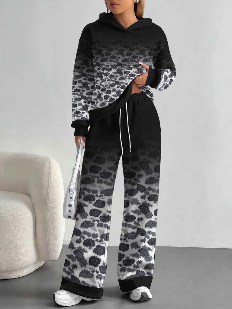 Gradual Change European And American Autumn And Winter Casual Long-Sleeved Suit Women'S Hooded Sweater Trousers Two-Piece Set