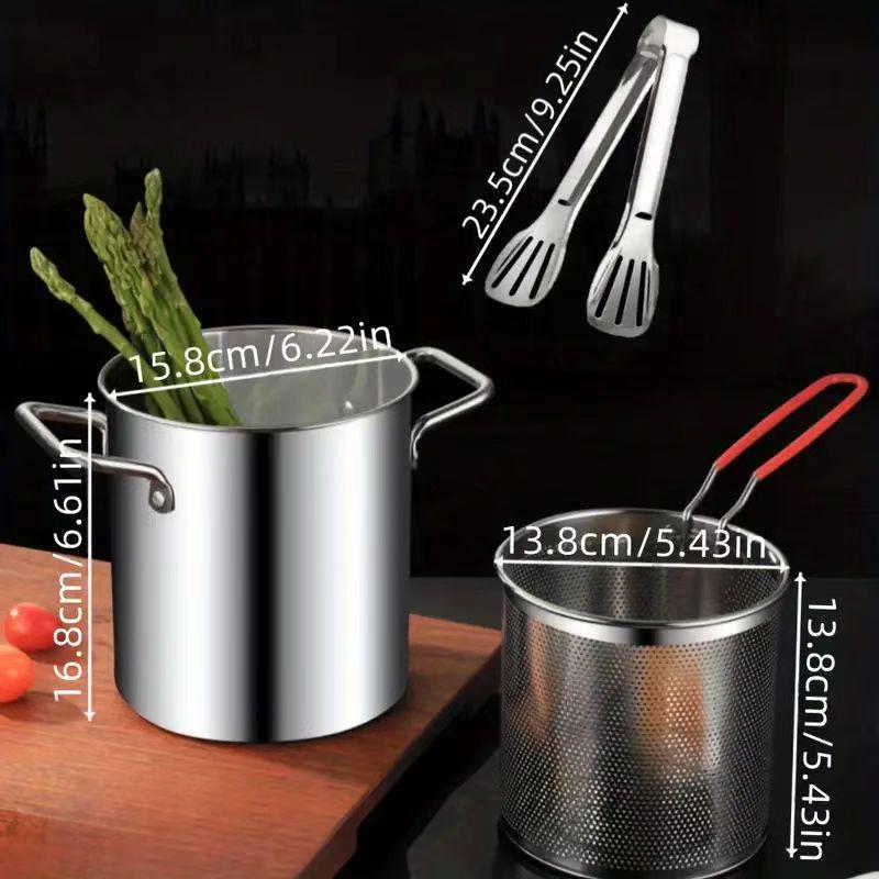 304 Stainless Steel Deep Fryer with Wooden Handle and Filter Basket for Induction Cooker