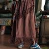 Women Vintage Skirts Elastic Waist Solid Color Autumn Patchwork Tassel A-Line Female Skirts