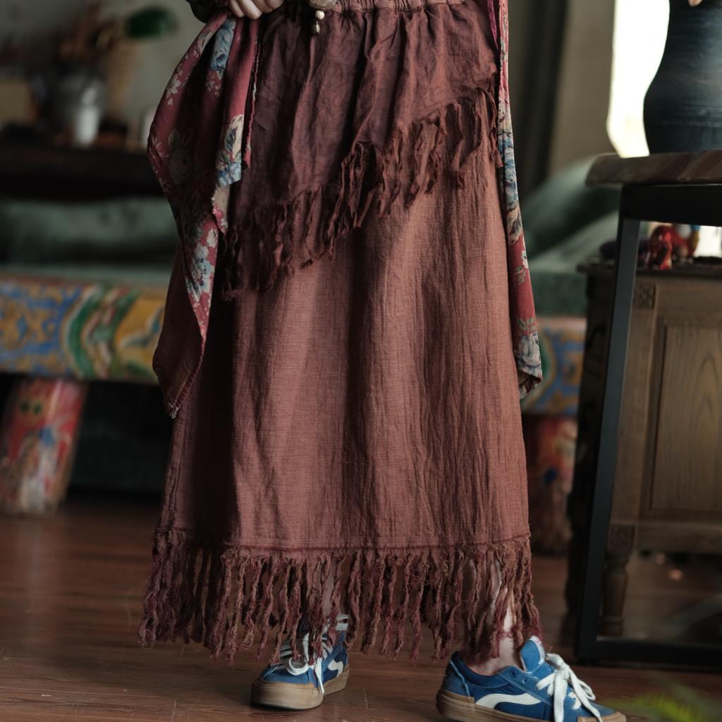 Johnature Women Vintage Skirts Elastic Waist Solid Color Autumn Patchwork Tassel A-Line Female Skirts
