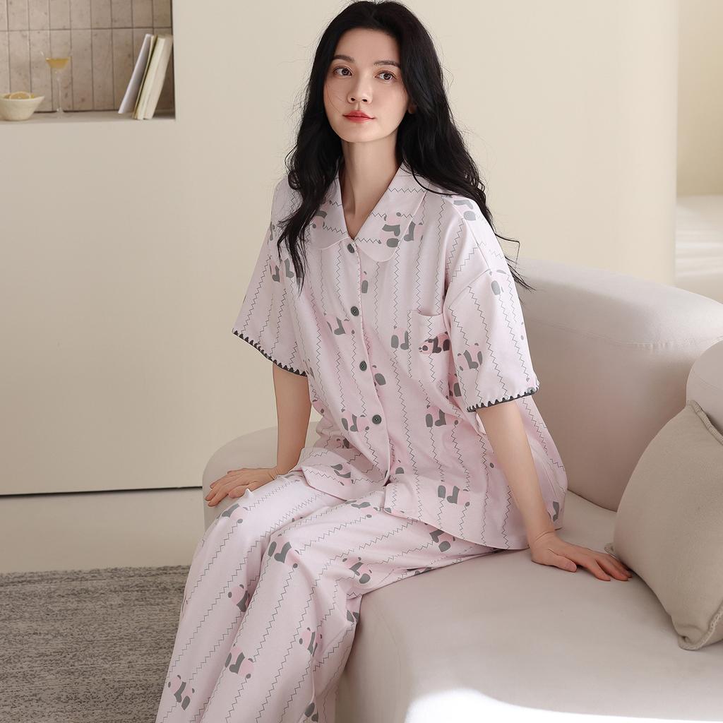 Pure Cotton Pajamas Women's Spring Summer 1011 New Thin Short-sleeved Trousers Striped Cute Cartoon Can Be Worn Outside Loungewear