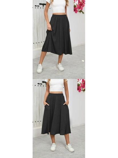 European High-Waisted Casual Midi Skirt - A-Line, Loose Fit, Draped Hem