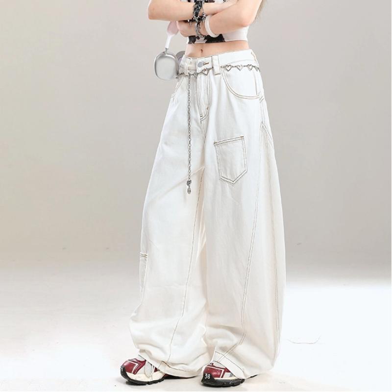 Lazy Style Design Sense Scimitar Jeans Women's Spring and Autumn Versatile Loose Pocket Wide-leg Floor Jeans