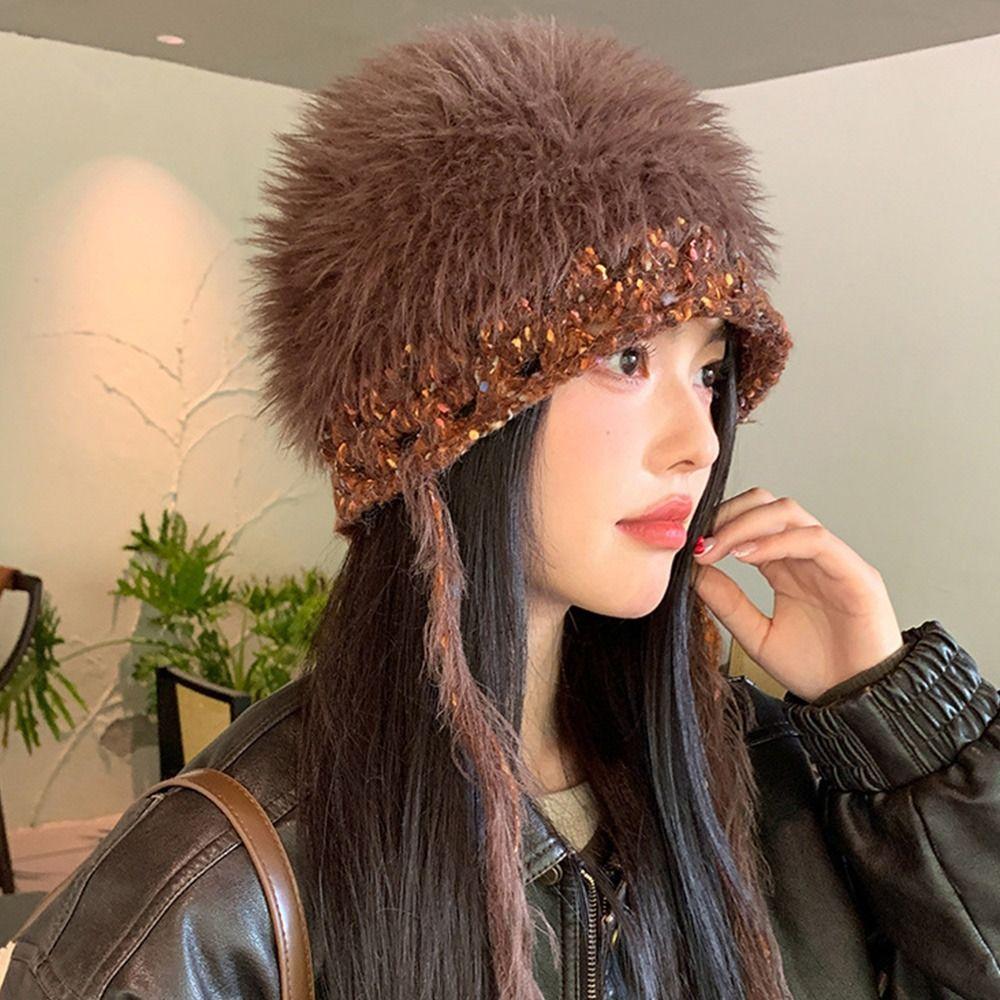 Mixed-color Straps Handmade Knitted Cap Ear Protection Winter Warm Cap  Women Girls Maiden