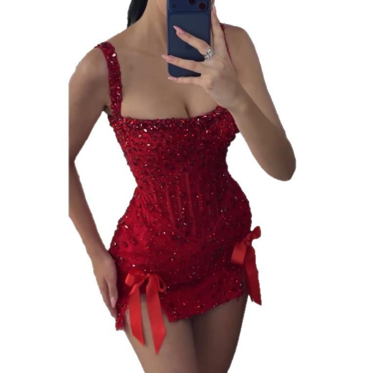American Spice Girl Heavy Industry Nail Drilled Red Dress Dress Bow Split Sexy Short Banquet Dating Buttocks Short Skirt