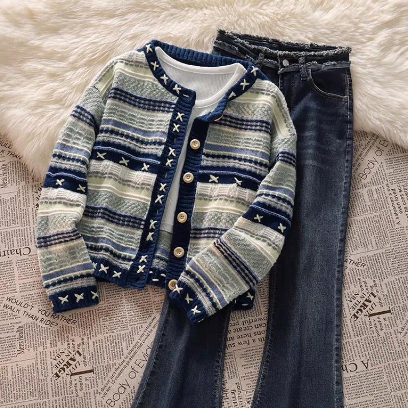 Women Striped Contrasting Knitted Cardigans Korean Style Retro Gentle Ladies Sweaters Autumn Casual Lazy Woman Cardigan Tops