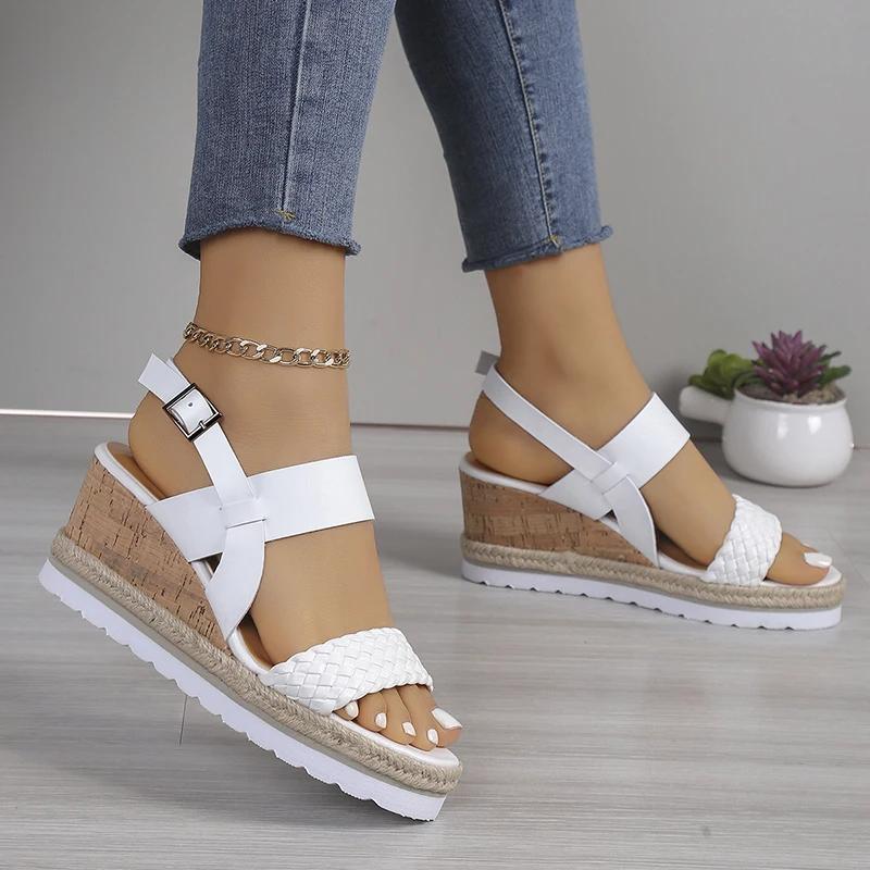 White Braided Wedge Sandals Women Summer 2025 Light Non Slip Beach Shoes Woman Fashion Buckle Strap Platform Sandalias De Mujer