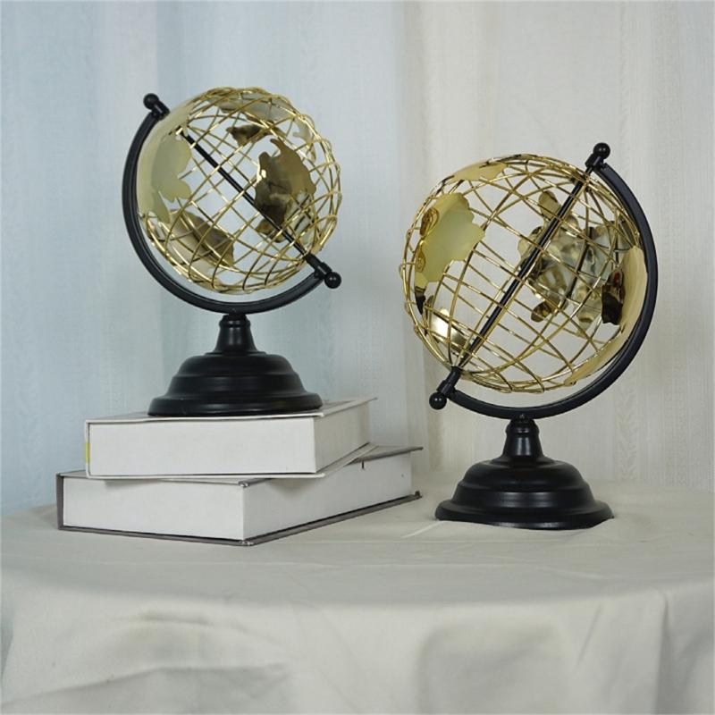 Artistic Modern World Globe Sculpture with Exposeds Wire Structure and Golden Base