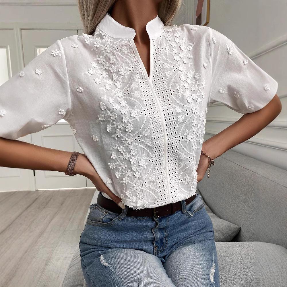 

GMXIA Women s Fashion Casual Leisure Solid Color Print Short Sleeve V Neck Blouses & Shirts S белый