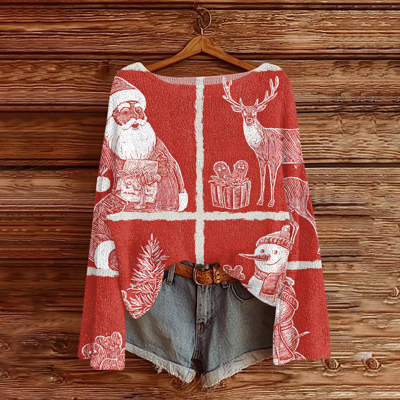 

Женский легкий свитер с круглым вырезом, повседневный вязаный пуловер с длинным рукавом и рождественским принтом L