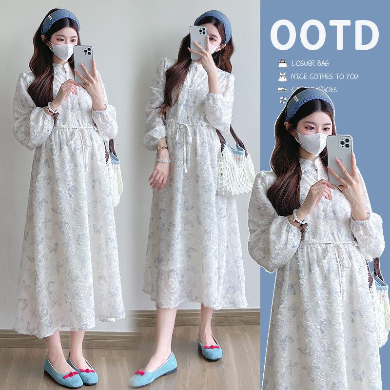 Hepburn Style Butterfly Jacquard Maternity Dress - High Quality, Long Sleeve, Early Spring 2026 Collection