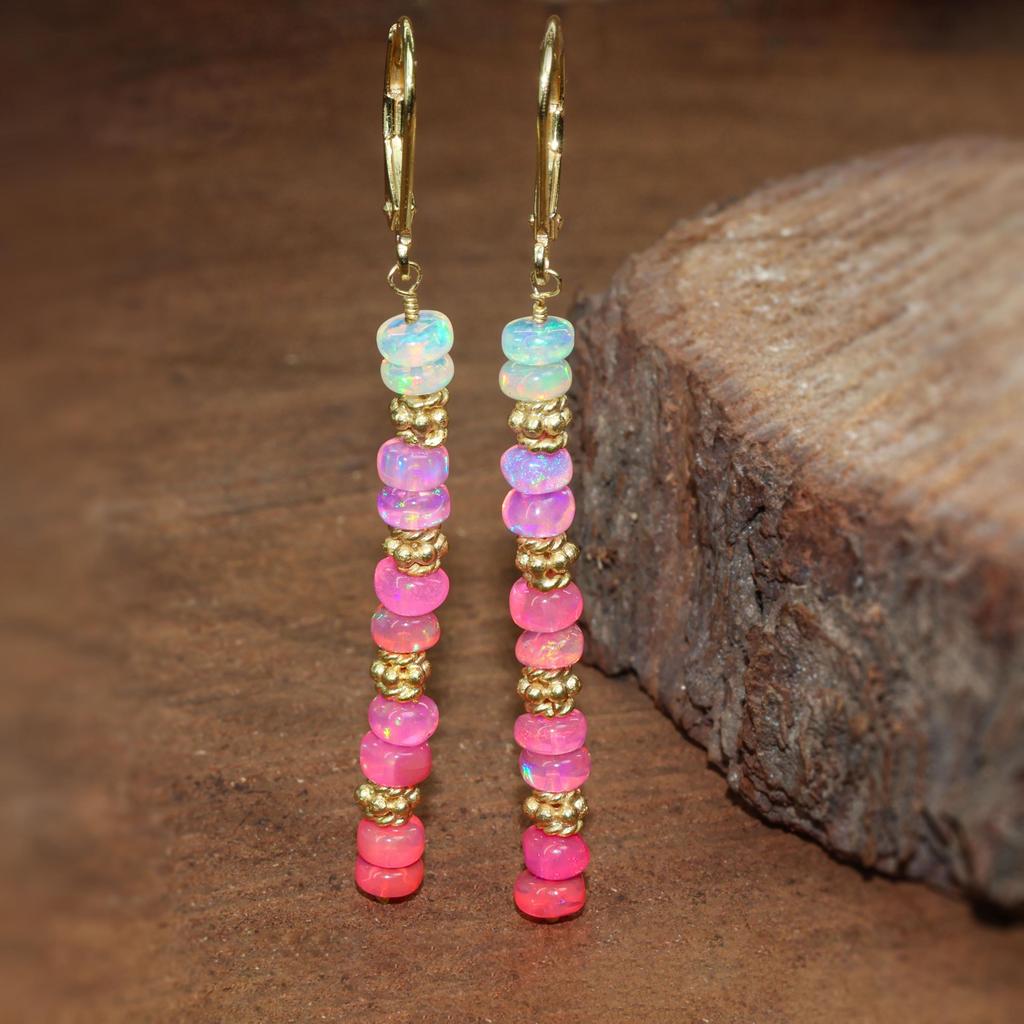 Fire Pink Opal Beaded Earrings: Sterling Silver Dangle Earrings