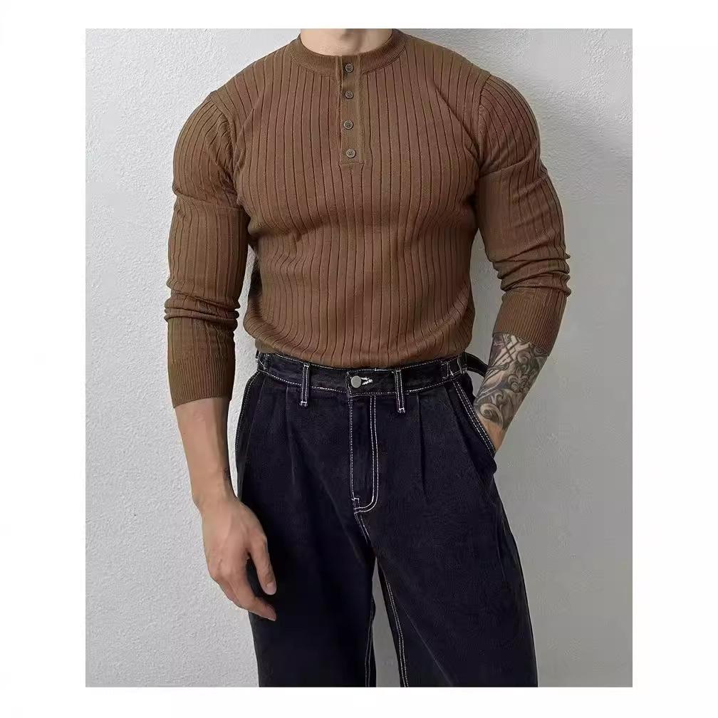 Men's Long-Sleeve Striped Knitted Polo Shirt - Autumn Muscle Fit