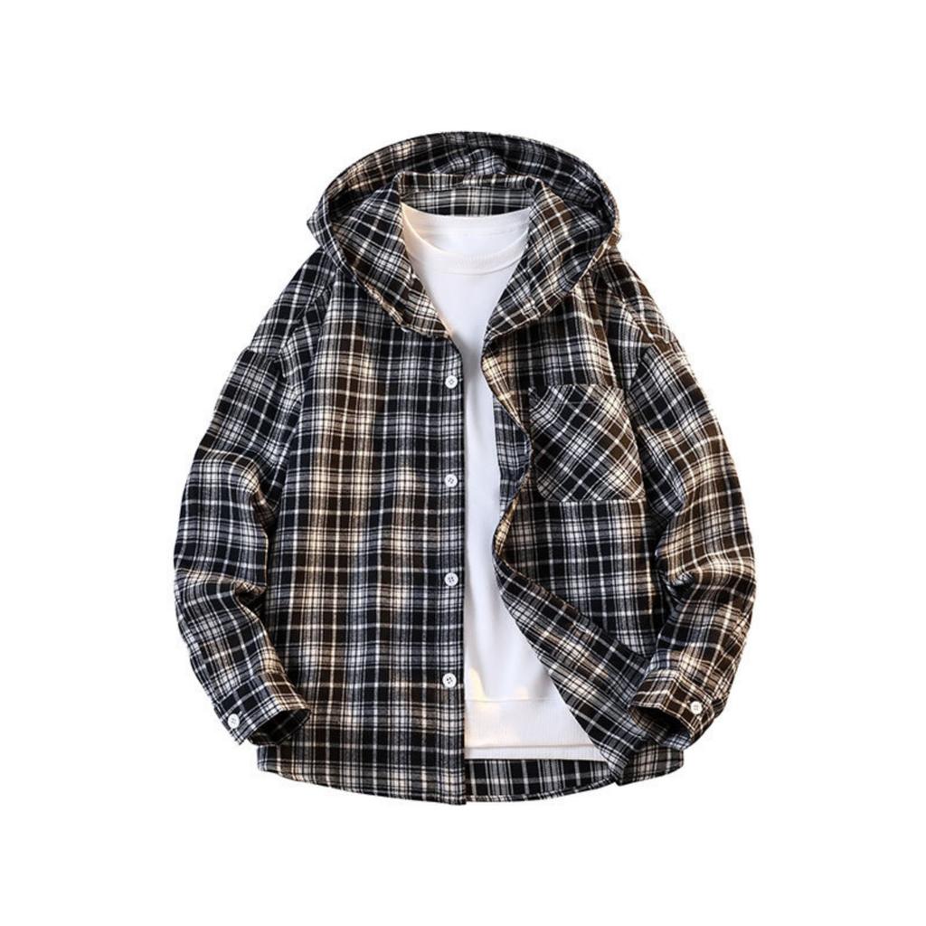 Men's And Women's Loose, Casual And Trendy Printed Checkered Hooded Shirt Men's Long-sleeved Button-down Shirt Jacket