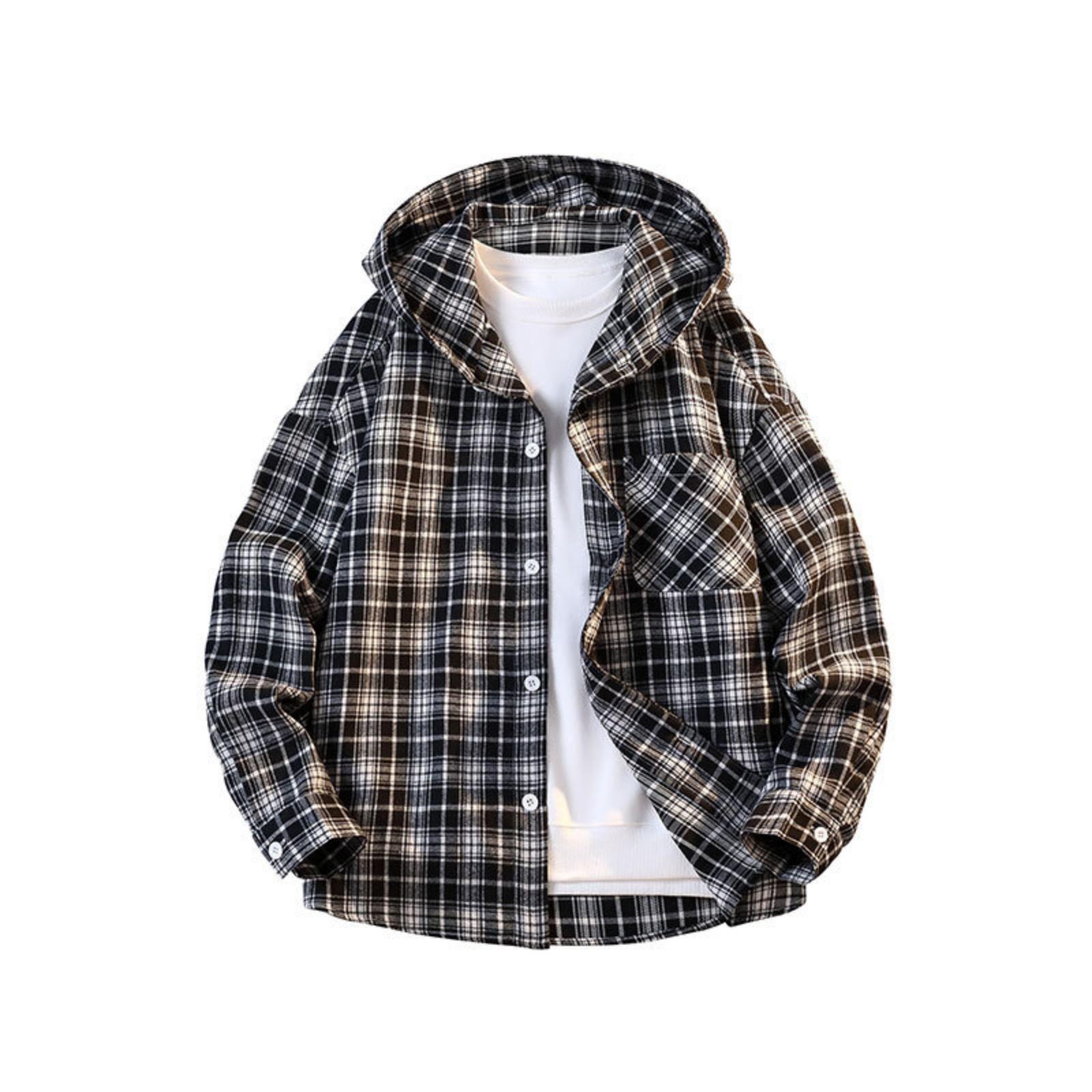 

Men s And Women s Loose, Casual And Trendy Printed Checkered Hooded Shirt Men s Long-sleeved Button-down Shirt Jacket L чёрный