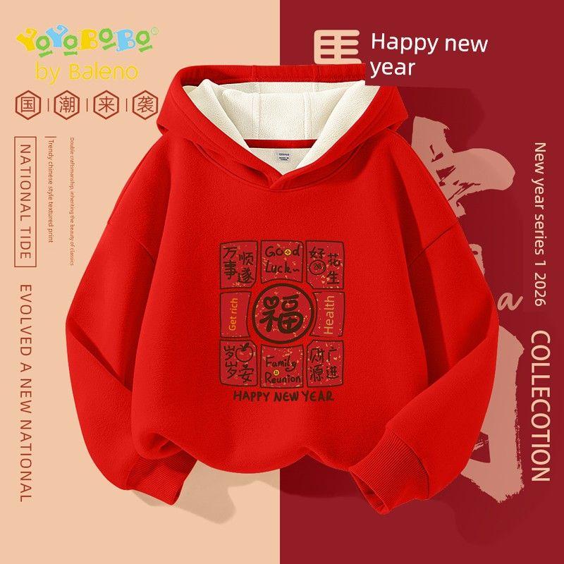 Baleno Kids Children s Fleece-Lined Sweatshirt 2025 Autumn/Winter New Boys  Hooded Top for Older Boys New Year Outfit Red#Yb Text Blessing 150