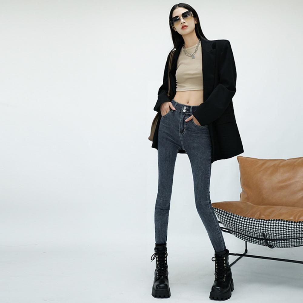 

Осень и зима новые простые повседневные джинсы-карандаш с высокой посадкой, эластичные, облегающие и тонкие, классические, универсальные, с маленькими штанинами, женские 32 сине серый