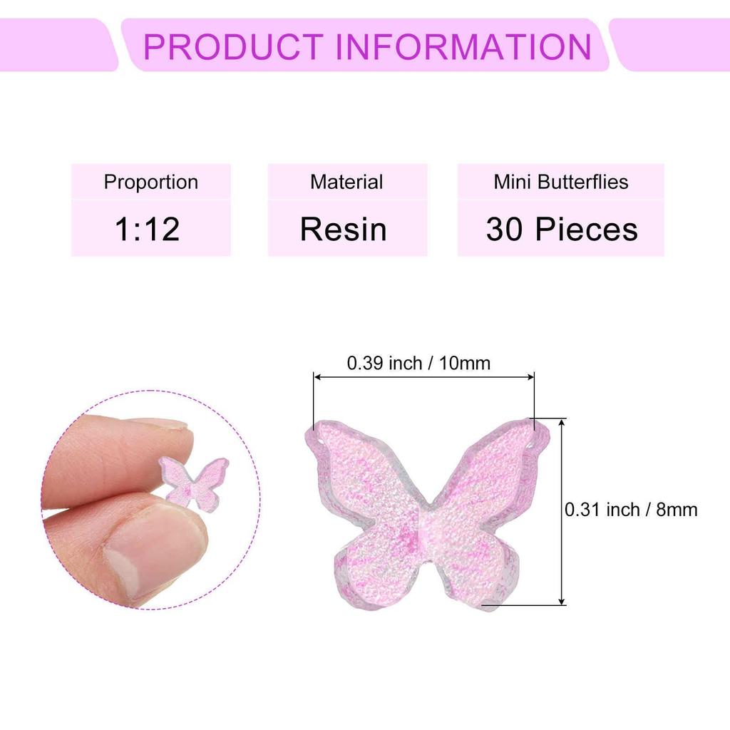CoCud Mini Resin Butterflies (0.31 Inch8mm) Transparent Pink - 30 Pieces for Crafts, Nail Art, and Fairy Gardens