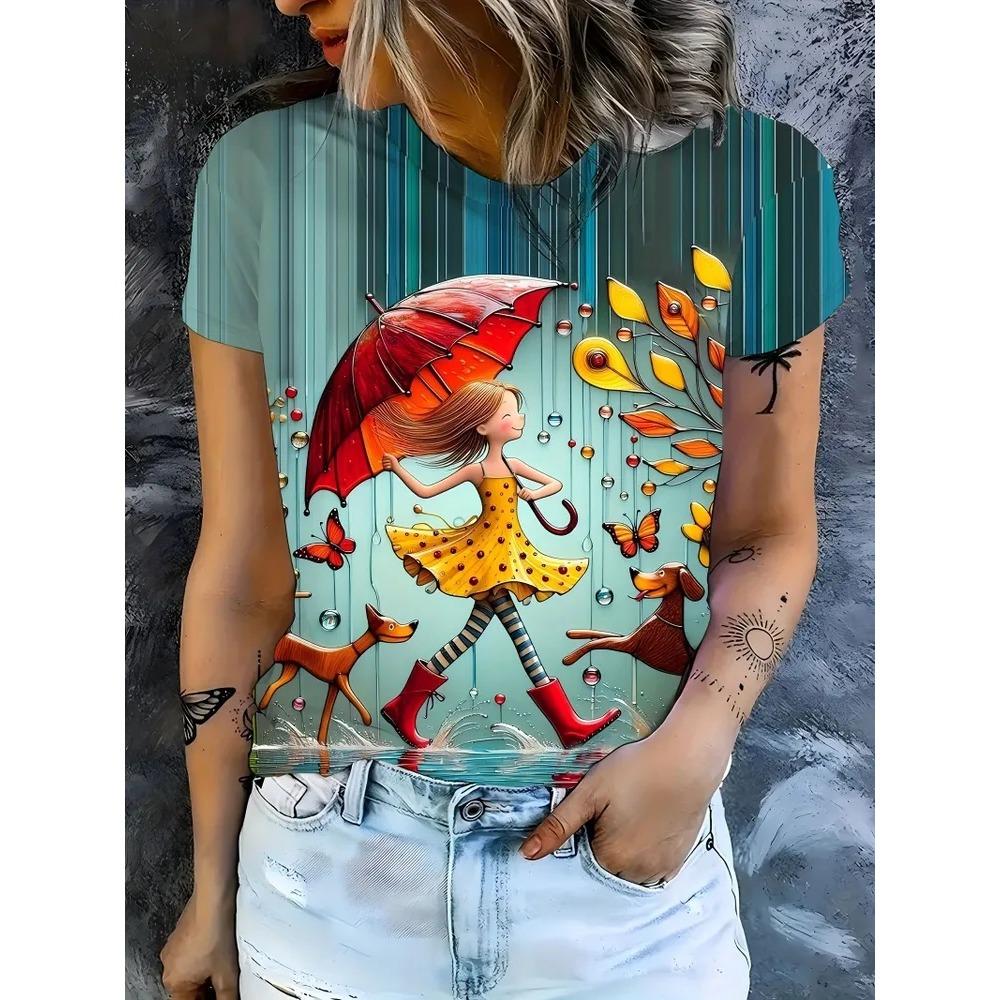 Fashionable Casual Comfortable Breathable Short Sleeved Round Neck T-shirt Summer Large Loose Creative Portrait 3D Printed Women's T-shirt