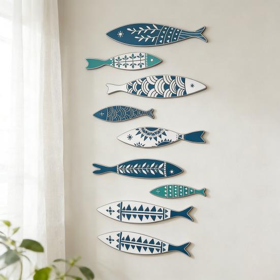 8 Pcs Rustic Wood Fish Wall Art Beach Nautical Wall Hanging Decor Ocean Fish Wall Sculpture for Home Bathroom Bedroom Lake House
