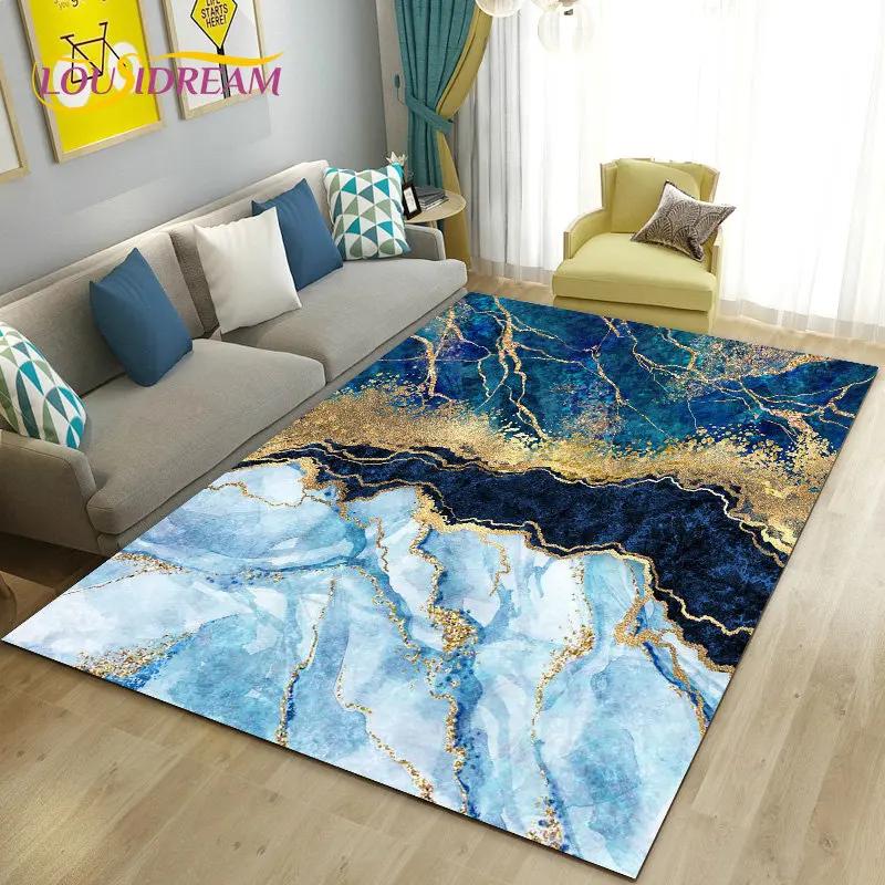 Colour Blue Gold White Marble Area Rug Large,Carpet Rug for Living Room Bedroom Sofa Doormat Decoration,kids Non-slip Floor Mat
