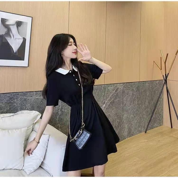 Plus Size A-Line Black Polo Collar Dress - Short Sleeve Korean Style Summer Women s Clothing L чёрный