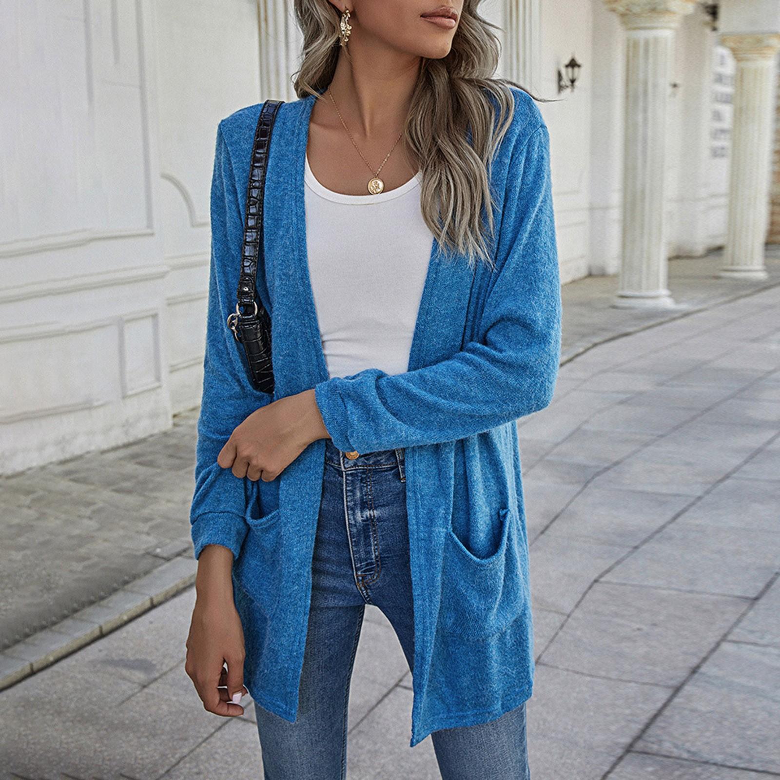 

Женский новый свободный повседневный тонкий кардиган, однотонная куртка с карманами и длинными рукавами S синий