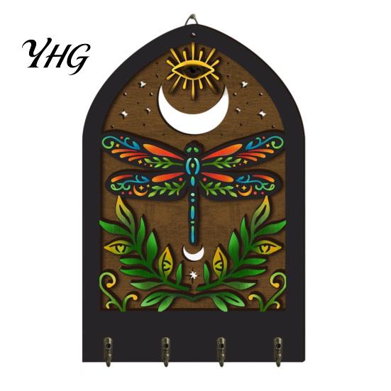 Entryway Organizer for Keys Bohemian Wooden Key Hanger, Decorative Wall Mounted Holder with 4 Metal Artistic Hooks Small Items Hooks, Hanging
