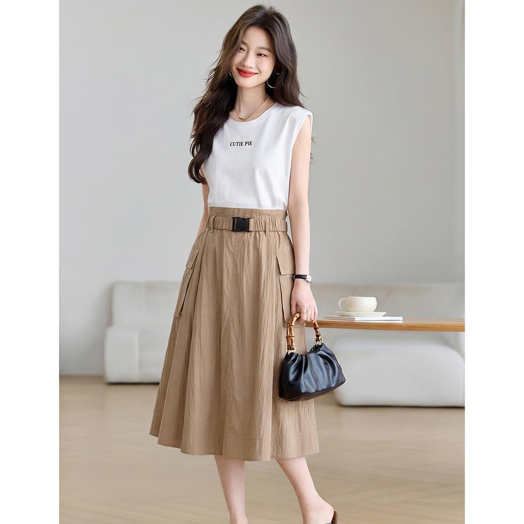 Summer intellectual elegant women's dress 2026 waist cinching slimming women's mid length skirt color blocked A-line skirt