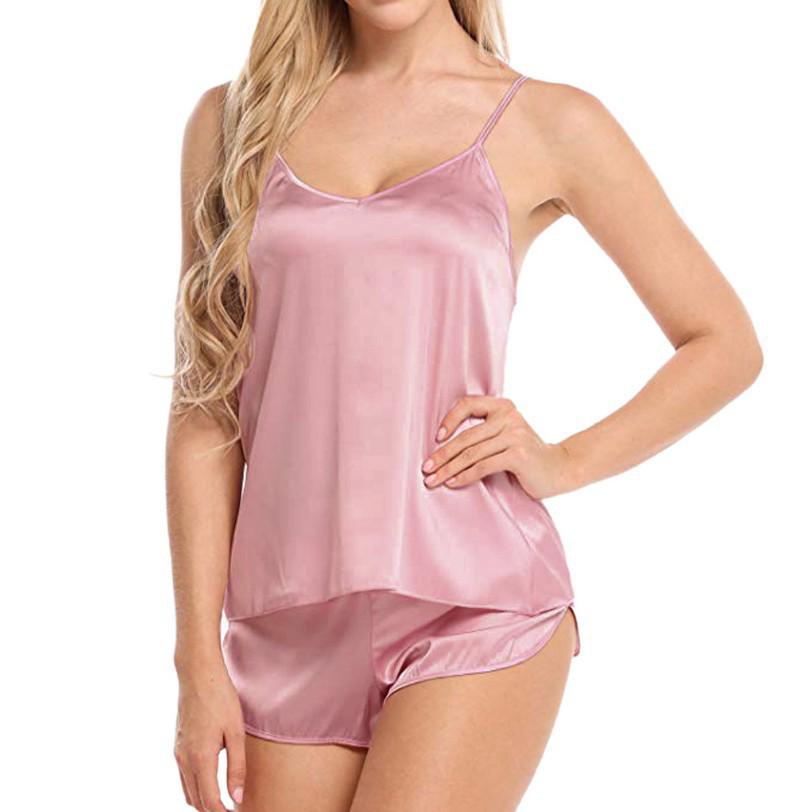 Sexy Satin Women's V-Neck Lace Pajama Set: Sleeveless Camisole & Shorts for Home Wear