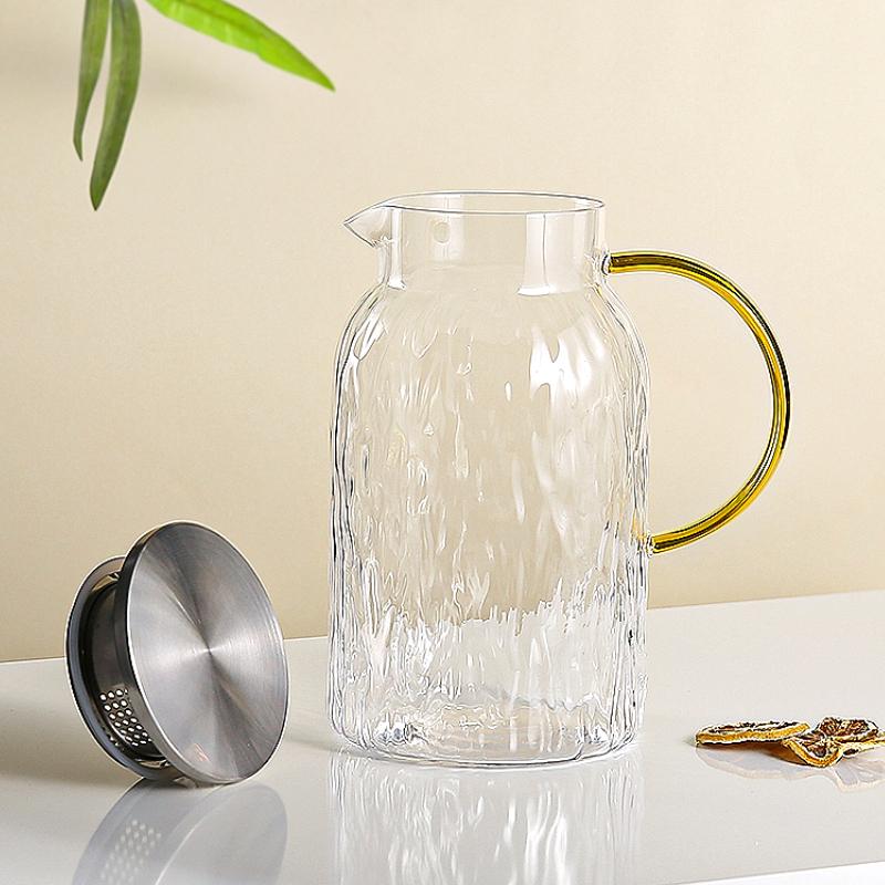 51.7oz/62oz Cold Water Kettle Heat-resistant Glass Teapot Juice Beverage Pots Home Water Kettle with Yellow Handle Water Bottle