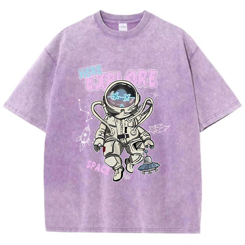 Street Women Cotton Washed T-Shirt Here Explore Space Astronaut Prints Print Tee Shirt Loose Tops Casual Female Clothes